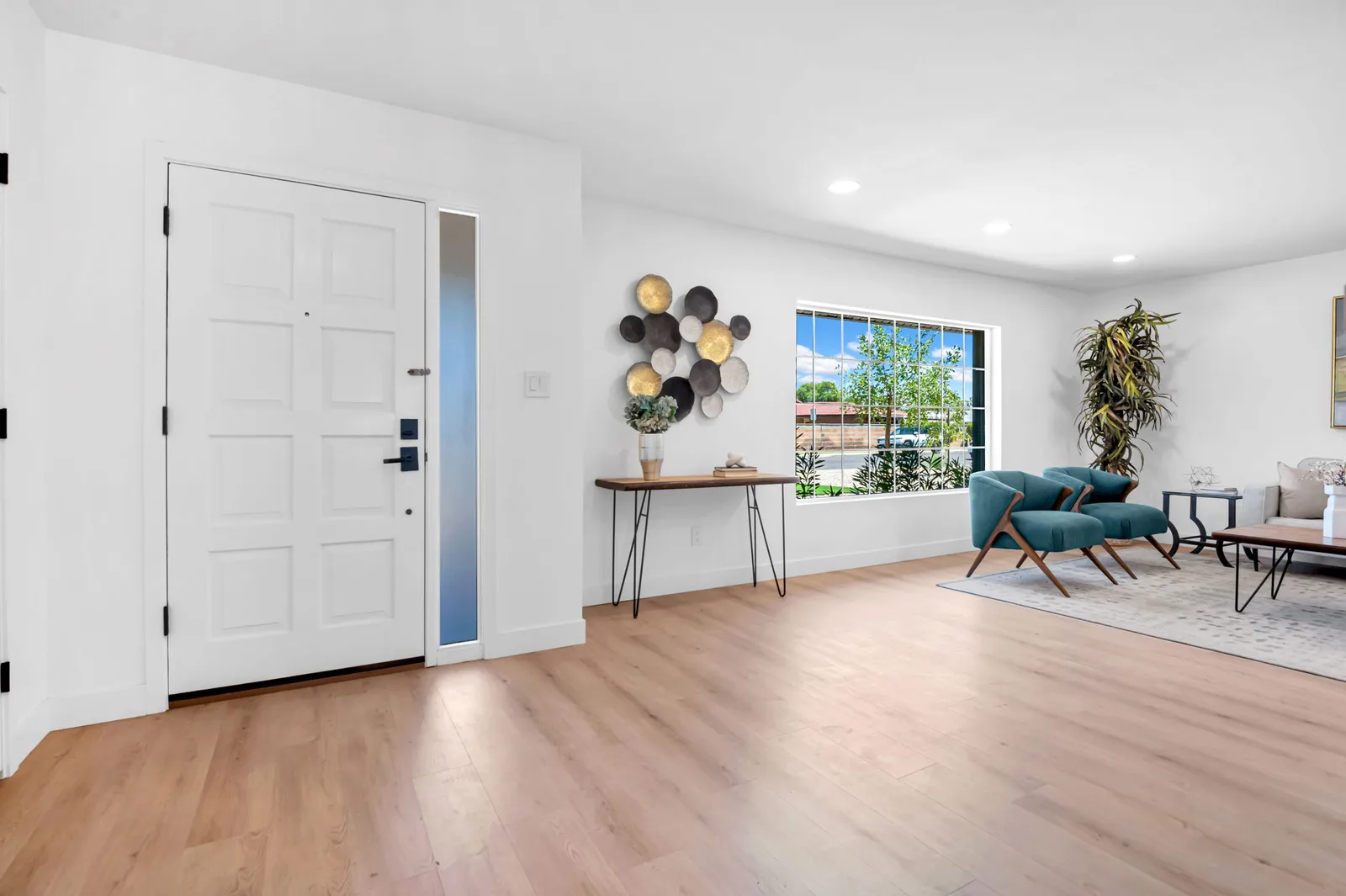 Front door opening into a bright open living room with wide plank floors.